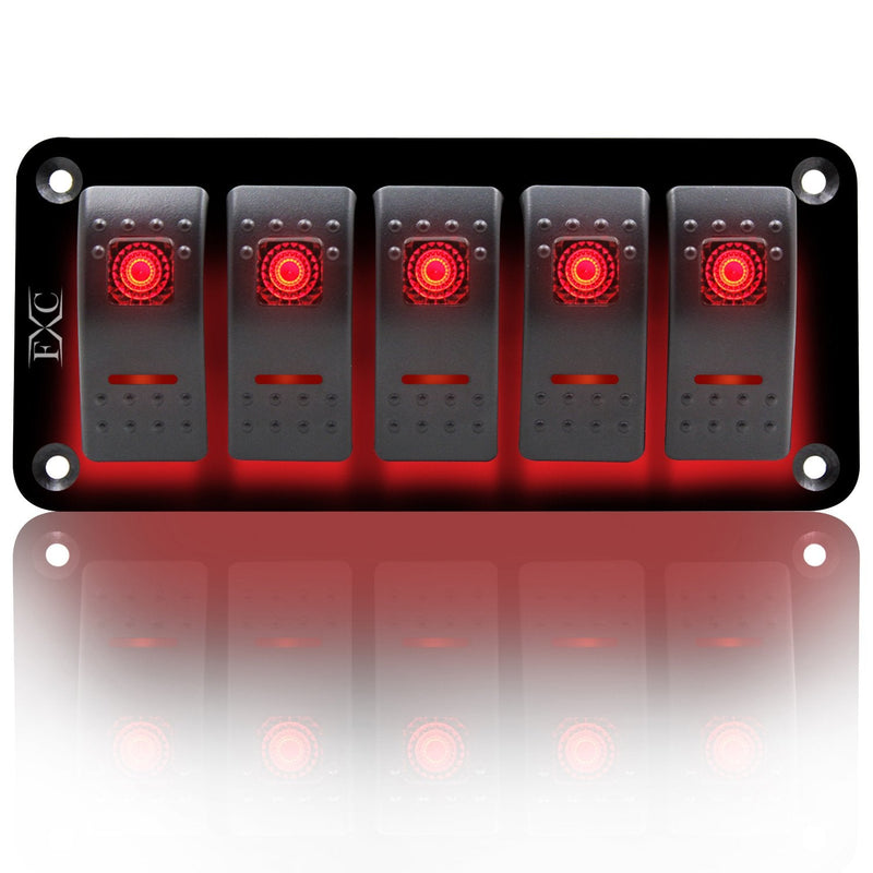 FXC Rocker Switch Aluminum Panel 5 Gang Toggle Switches Dash 5 Pin ON/Off 2 LED Backlit for Boat Car Marine Red 5Gang Red