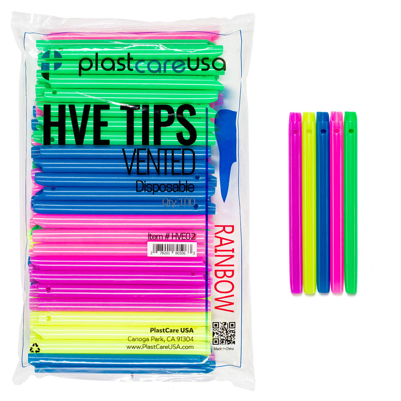 [Australia - AusPower] - High Volume Evacuator HVE Tips - 100 HVE Suction Tips Dental Disposable - Vented Evacuation Aspirator Tips with Smooth Edges (Rainbow Assorted - 100 Pack) by PlastCare USA 