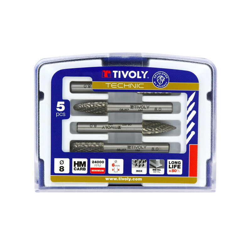 TIVOLY - Set of 5 Carbide Rotary Burrs for Metal - Ø1/4" Cylindrical Shank - Tungsten Carbide Head - Chipbreaking Teeth