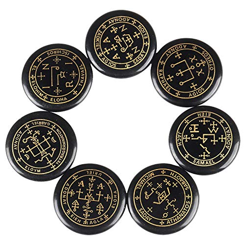 rockcloud 7PCS Black Agate Engraved Magic Circle Round Healing Crystal