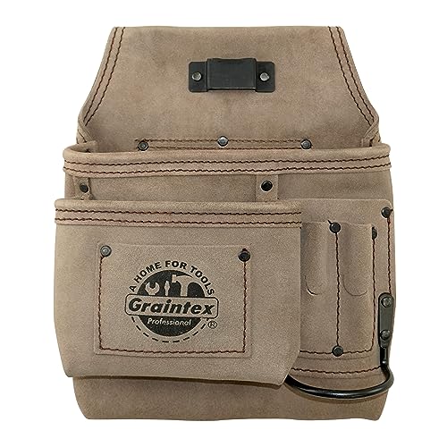 Graintex 5 Pocket Nail & Tool Pouch Suede Leather for Constructors, Electricians, Plumbers, Handymen Beige Left Handed