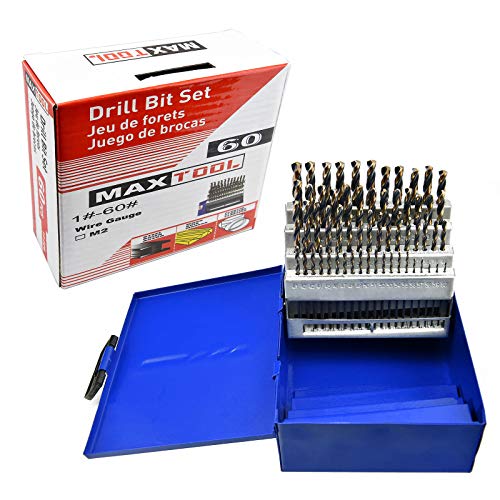 MaxTool 60-Piece Twist Drill Bit Set High Speed Steel M2 Jobber Length Fully Ground for Metal Wood Plastic Number 1-60; JBS02H10R060