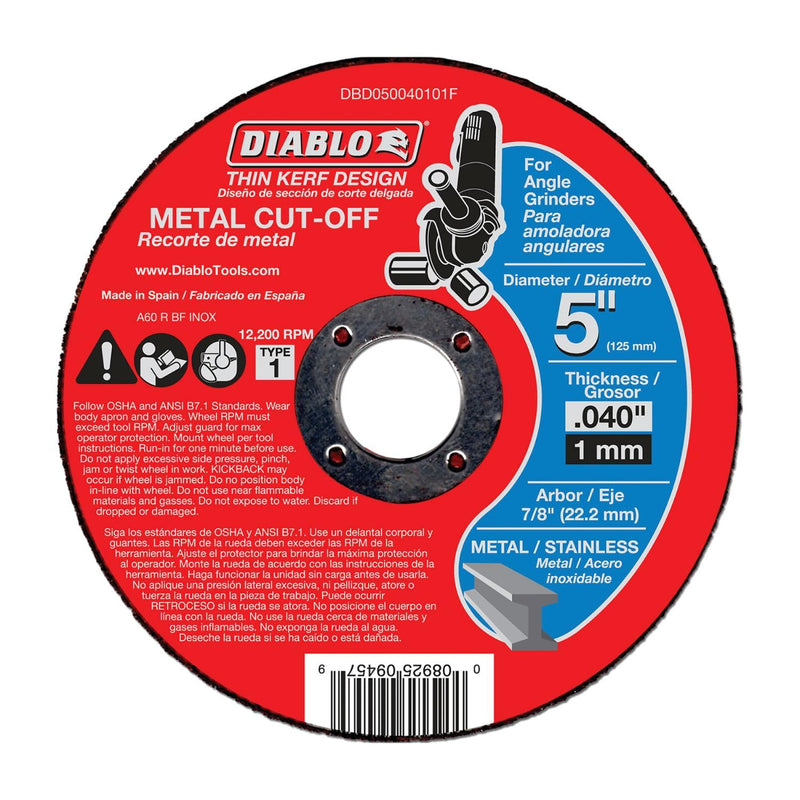 Diablo Thin Kerf Metal Cut-Off Discs - 5" Diameter, 7/8" Arbor, 1 Hub Type, 0.04" Thickness, 12200 Max RPM, 10-Pack - DBD050040110F 5" Dia x Arbor 7/8" x Type 1 - 10 Pack