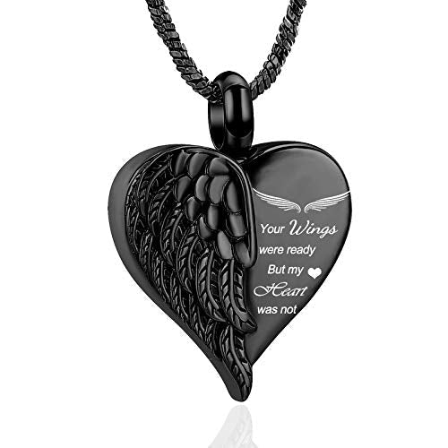 Yinplsmemory Love Heart Urn Necklace for Ashes Keepsake Memorial Cremation Jewelry Stainless Steel Angel Wing Heart Urn Locket Ashes Holder Memorial Urn Jewelry for Human/Pet Ashes Black