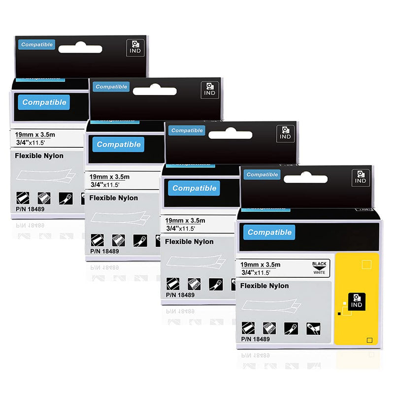 19mm Industrial Flexible Nylon Labels Replacement for Dymo Rhino 18489 Flexible Nylon Label Tape | 3/4" x 11.5' | Black Print on White | Compatible with DYMO Rhino 5200 4200 5000 6000 Label Maker 4