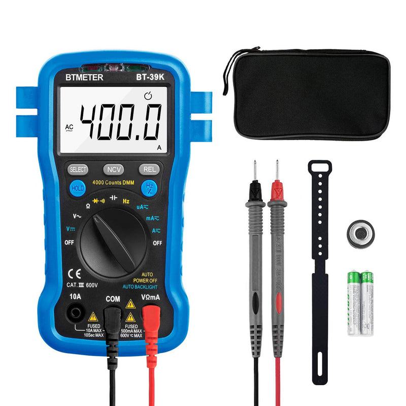 [Australia - AusPower] - BTMETER BT-39K Multimeter with Case, 4000 Count Volt Ohm Amp Meter Autoranging DMM for AC/DC Current, Voltage, Resistance Frequency Tester, with NCV, Audible Continuity, Diode, Auto Backlight Meter BT-39K w/o Temperature Test (Blue) 