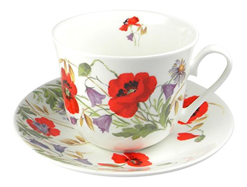 Roy Kirkham English Meadow Poppy Flower Breakfast Teacup and Saucer Set Fine Bone China