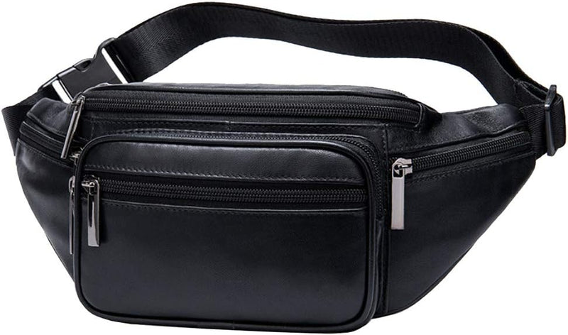 [Australia - AusPower] - Fanny Pack Waist Bag Multifunction Genuine Leather Hip Bum Bag Travel Pouch for Men and Women- Multiple Pockets & Sturdy Zippers Ideal for Hiking Running And Cycling Black 