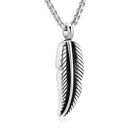 Oinsi Stainless Steel Feather Urn Necklace Hold Cremation Ashes Keepsake Memorial Jewelry +Box+Fill Kits Silver Tone
