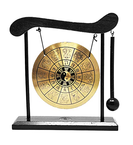 Mandala Crafts Chinese Gong - Mini Zen Art Brass Feng Shui Desktop Gong With Stand - Asian Bell for Home Decoration and Chinese Zodiac Signs