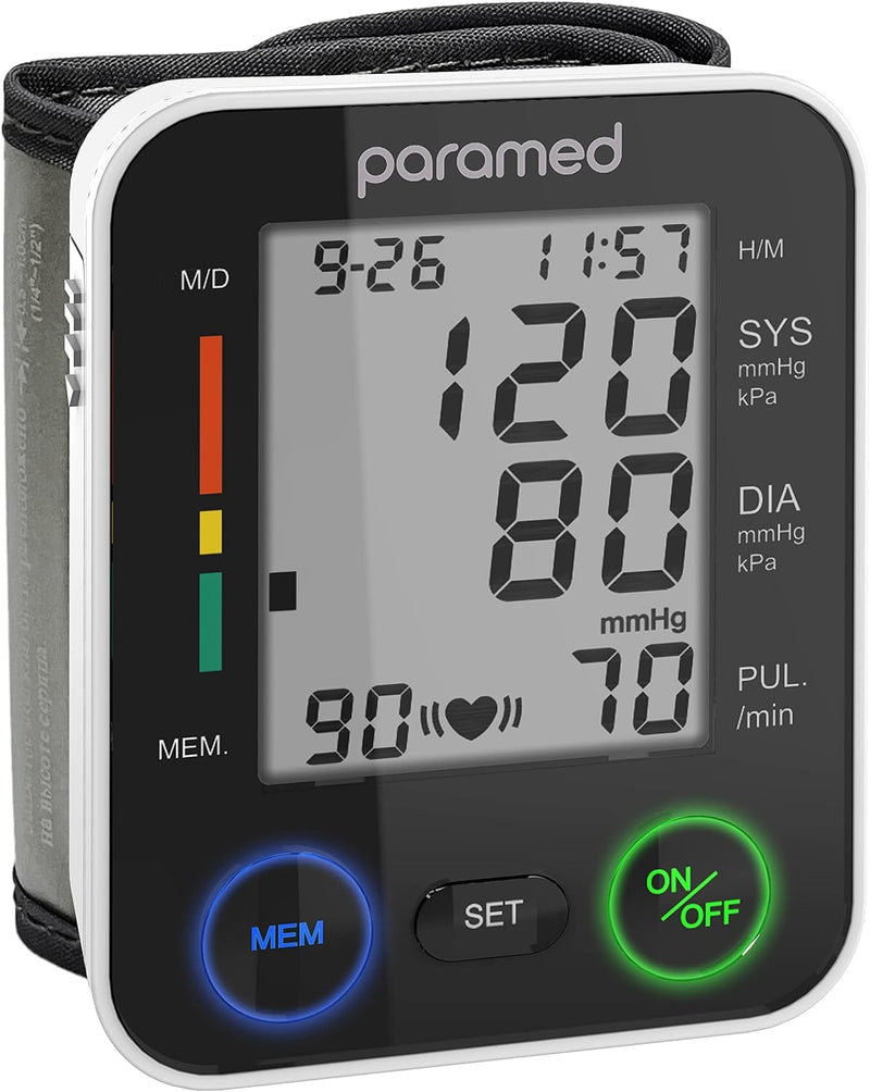 [Australia - AusPower] - PARAMED Automatic Wrist Blood Pressure Monitor: Blood-Pressure Kit of Bp Cuff + 2AAA and Carrying case - Irregular Heartbeat Detector & 90 Readings Memory Function & Large Display 