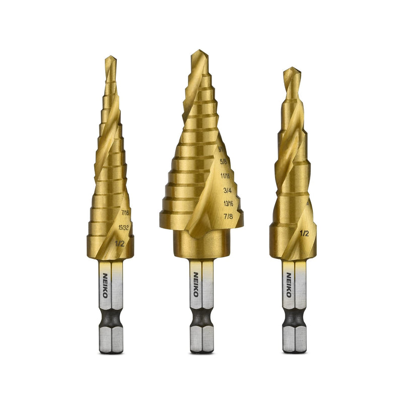 [Australia - AusPower] - NEIKO 10181A Step Drill Bit Set, 3 Piece, Spiral Grooved for Faster Drilling, Step Bits for Stainless Steel, Metal, Wood, Plastic, Unibit Cone Drill Bits with 31 Step Sizes Total 1/8 to 7/8", 3 bits 1/4" Quick Change Hex 