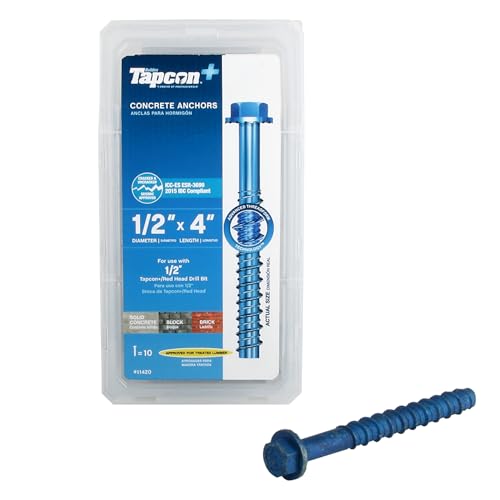 Tapcon+ 1/2 x 4 inch heavy-duty blue hex head concrete anchors, 10-piece pack for masonry and concrete