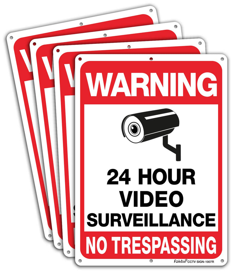 [Australia - AusPower] - Faittoo 4-Pack Video Surveillance Sign, No Trespassing Metal Reflective Warning Sign, 10 x7 Inches 0.40 Aluminum Indoor or Outdoor Use for Home Business CCTV Security Camera,UV Protected & Waterproof Black and Red on White - 4 Pack 