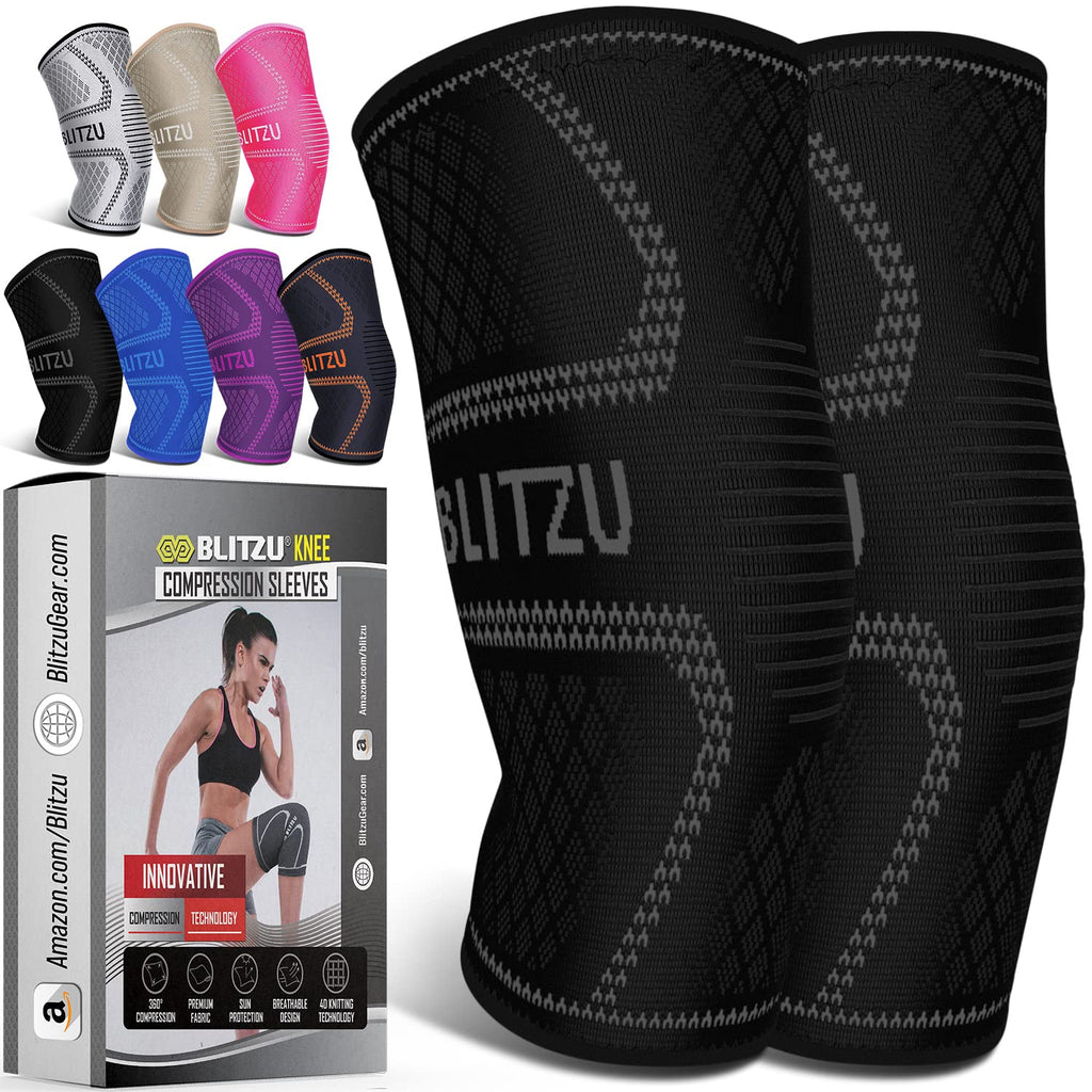 BLITZU 2 Pack Knee Brace, Compression Knee Sleeves for Men, Women, Running, Working out, Weight Lifting, Sports. Knee Braces Support for Knee Pain Meniscus Tear, ACL, Arthritis Pain Relief. Black M Medium (1 Pair)