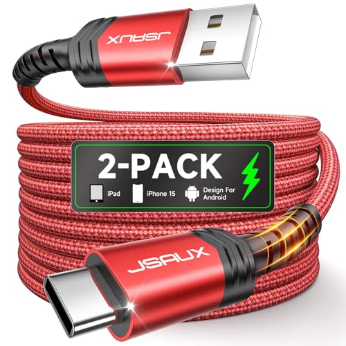 JSAUX USB to USB C Fast Charging Cable, Pack of 2, 2M+2M - Red | 3.1A charging, 480Mbps sync, nylon braided, 40,000+ bends, safety chip, for Android car and iPhone CarPlay 2 m + 2 m