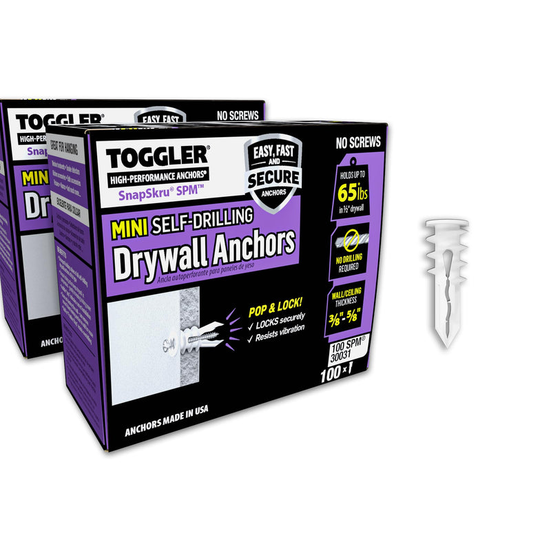 TOGGLER SnapSkru SPM Mini Self Drilling Drywall Anchor, Glass Filled Nylon, Made in USA, Heavy Duty Dry Wall Anchors for #6 to #8 Fasteners, (Pack of 200 - Screws not inculded) 200 Pack w/o Screws