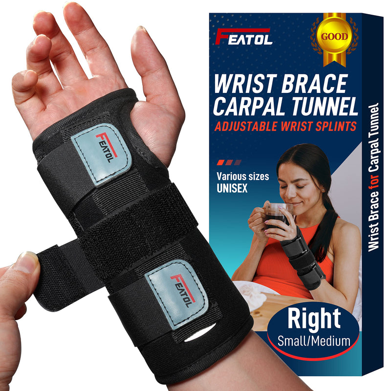 [Australia - AusPower] - FEATOL Wrist Brace for Carpal Tunnel, Adjustable Night Wrist Support Brace with Splints Right Hand, Small/Medium, Hand Support for Arthritis, Tendonitis, Sprain, Injuries, Wrist Pain Small/Medium (Pack of 1) Right Hand -Black 