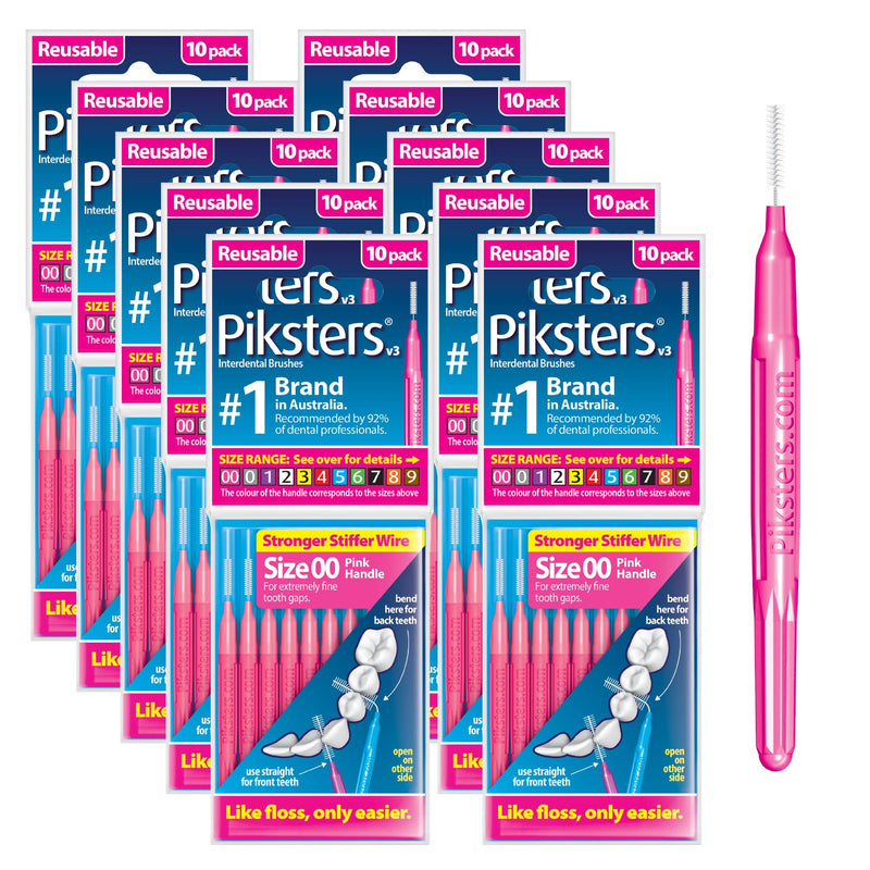 Piksters Interdental Brushes, Size 00, 100 Count (10 x 10 Packs), Interdental Tooth Brush for Extremely Tight Gaps, Gum Soft Bristles for Plaque Removal, Safe for Braces (100 pk) Size 00 (Pink) 100 Count (Pack of 1)