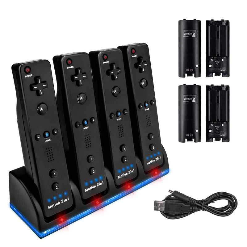 [Australia - AusPower] - Four Charger Dock for Wii Remote, TechKen Remote Control Charger Docking Station with 4 Rechargeable Batteries from Nintendo Wii Rometo Control black-4ports 