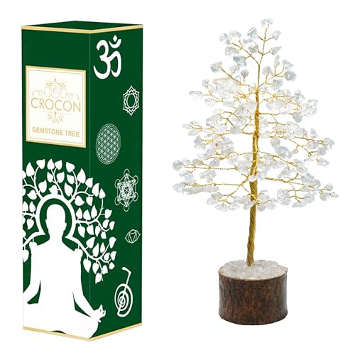 Crocon Clear Quartz Healing Crystal Tree 7-8 inch Bonsai, Desk Decor & Clear Quartz ( Golden Wire )