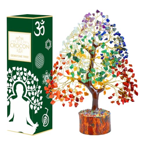 Crocon® 7 Chakra Crystal Tree of Life, Healing Crystals Tree 10-12 Inch, 001 Seven Chakra (Golden Wire)
