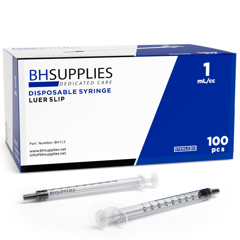 [Australia - AusPower] - BH Supplies 1mL Luer Slip Tip Syringes (No Needle) - Sterile, Individually Wrapped - 100 Syringes 100 Count (Pack of 1) 