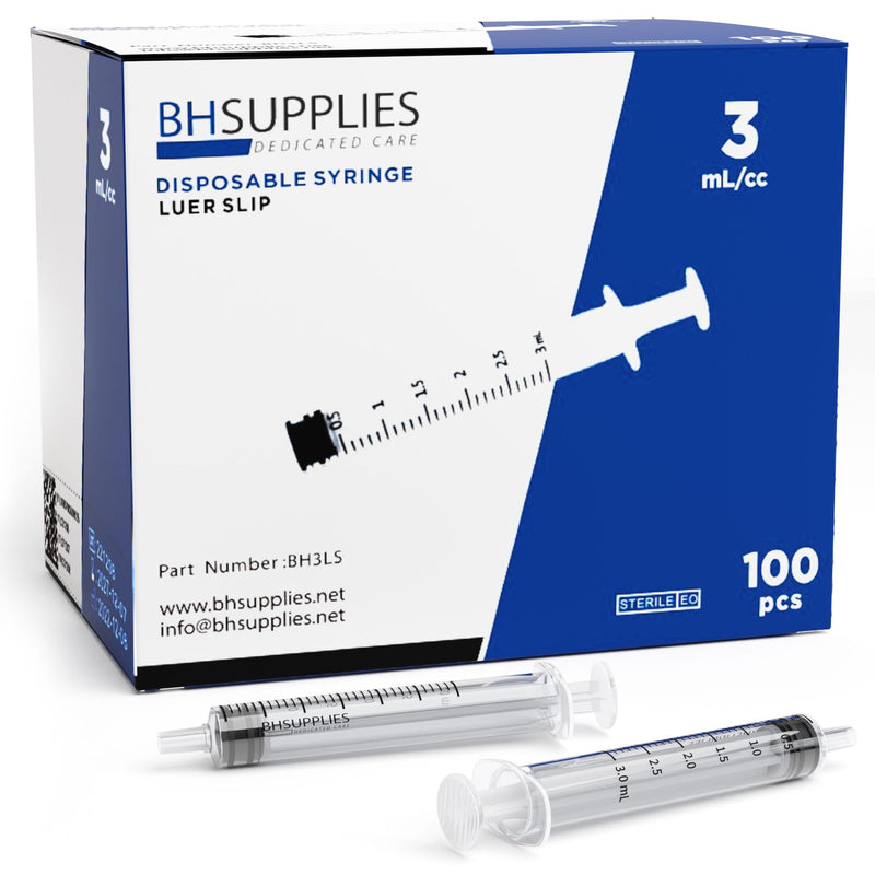 [Australia - AusPower] - BH Supplies 3ml Luer Slip Tip Syringe - (No Needle) - Sterile, Individually Wrapped - 100 Syringes 