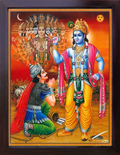 Handicraft Store Lord Krishna Showing his Vishnu Roopa to Arjuna in Mahabharata Battle Field, A Religious & Elegant poster with frame with frame, must for office/Home/Religious