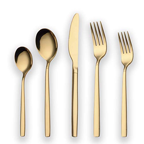 Berglander 20 Piece Titanium Gold Plated Stainless Steel Flatware Set, 20 Pieces Golden Silverware Set, Golden Cutlery Set, Service for 4 (shiny Gold) A. 20 Pieces Gold