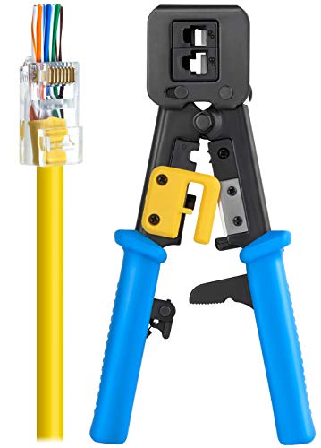 Everest Media Solutions RJ45 Crimp Tool for Pass Through Connector End - EZ Cut, Strip, Crimp Cat5e & Cat6 Ethernet Cables - Heavy Duty Crimper for RJ45 Plugs - Professional Network Crimping Tool