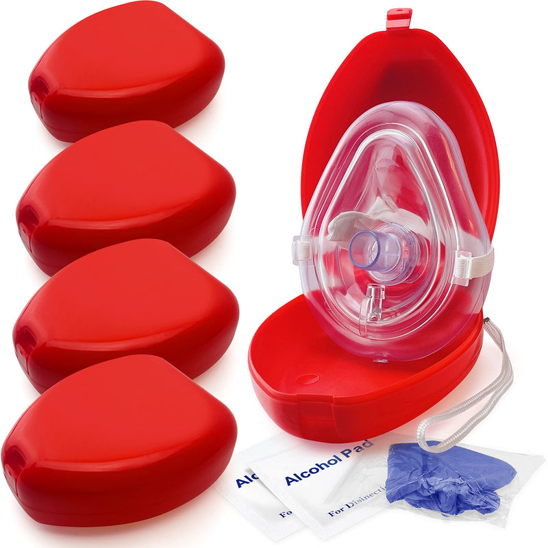 [Australia - AusPower] - ASA TECHMED 5 Pack Medical CPR Rescue Mask, Adult Child Pocket Resuscitator, in Red Hard Case with Wrist Strap, CPR mask w/O2 with Gloves - 6.5 x 4.8 x 1.6 inches 