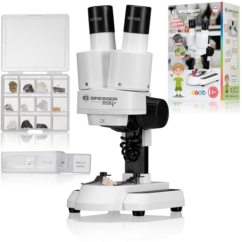 Bresser junior stereo 3D microscope ICD-Pro with 20x and 50x magnification for children and adults for the observation of stones, coins, insects and much more | Auflichtmikroskop und Durchlichtmikroskop, 12 Mineralproben, 5 Dauerpräparate, Binokulare S...