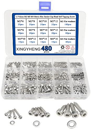 [Australia - AusPower] - XINGYHENG 480Pcs 12 Values M2 M3 M4 Metric Hex Socket Cap Head Self Tapping Screw with Flat Gasket Washers Assortment Kit 