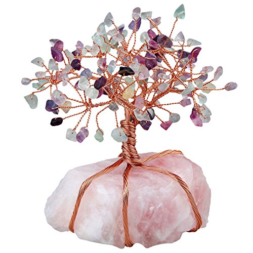 SUNYIK Fluorite Crystal Tree Wire Wrapped Raw Rose Quartz Base