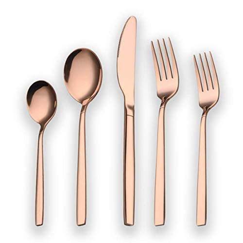 Berglander 20 Piece Titanium Rose Gold Plated Stainless Steel Flatware Set, 20 Pieces Silverware Set, Copper Color Cutlery Sets, Service for 4 (shiny Copper) C. 20 Pieces Rose Gold