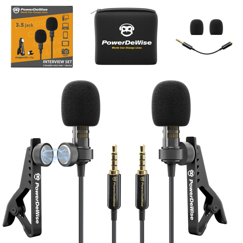 [Australia - AusPower] - PowerDeWise Professional Grade 2 Lavalier Clip-On Microphones Set for Dual Interview - Double Lav Lapel Microphone - Use for iPhone Phone Camera - Video Recording Noise Cancelling 3.5mm Mic Black 