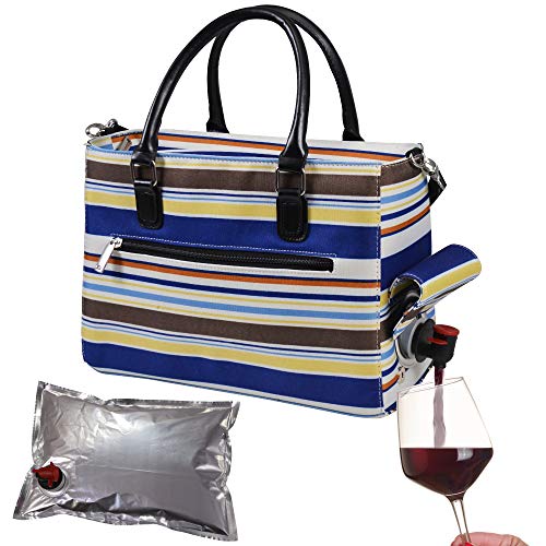 Primeware Insulated Drink Purse w/ 3L Bladder Bag | Thermal Hot and Cold Storage | Portable Drinking Dispenser for Wine, Cocktails, Beer, Alcohol | PU Leather Finish (Blue Nautical Stripe) Blue Nautical Stripe