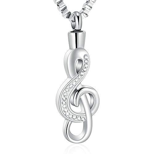 XSMZB Cremation Jewelry Crystal Music Note Urn Necklace for Ashes Stainless Steel Necklace Urn Cremation Memorial Ashes Holder Keepsake Pendant Locket Silver