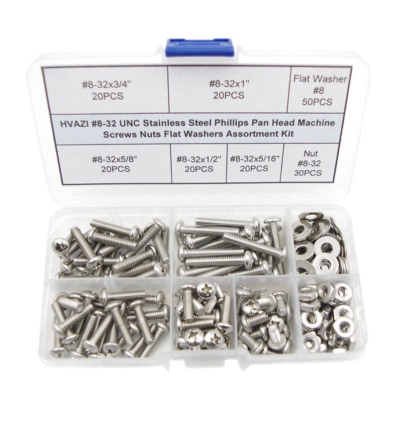 [Australia - AusPower] - #8-32 UNC Stainless Steel Phillips Pan Head Machine Screws Nuts Flat Washers Assortment Kit #8-32UNC 