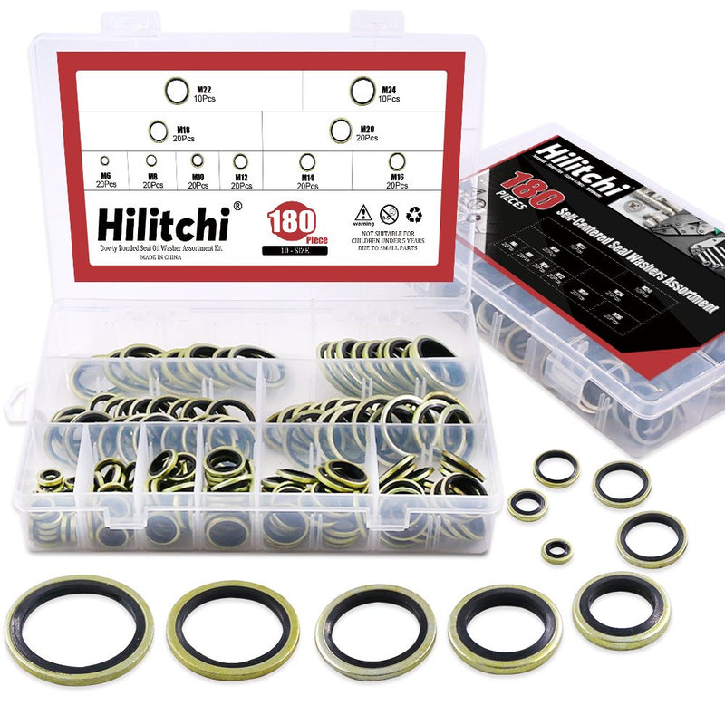 [Australia - AusPower] - Hilitchi 180-Pcs Metric Dowty Bonded Seal Oil Washer Assortment Kit - 10-SIZE: M6 to M24 gold 