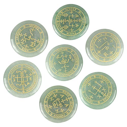 mookaitedecor 7 Piece Stones with Engraved Magic Archangel Symbol Green Green Aventurine