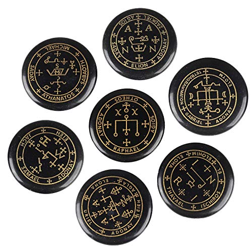 mookaitedecor 7 Piece Stones with Engraved Magic Archangel Symbol Black Black Agate