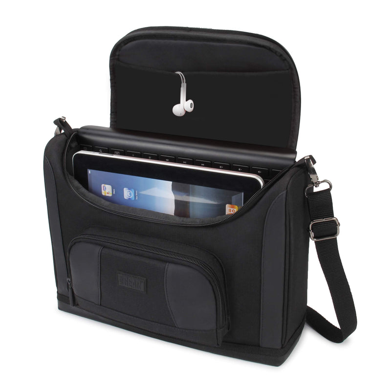 [Australia - AusPower] - USA GEAR Tablet Bag Compatible with 11 inch iPad Pro, 10.9 inch iPad Air, 10.2 inch iPad - Compact Messenger Bag with Durable Exterior, Soft Adjustable Interior Fits Keyboard, Charger, More (Black) Black 