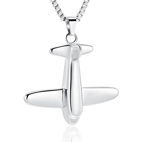 XSMZB Airplane Cremation Jewelry for Ashes Pendant Stainless Steel Memorial Urn Necklace for Human/Pet Keepsake Ashes Jewelry Silver