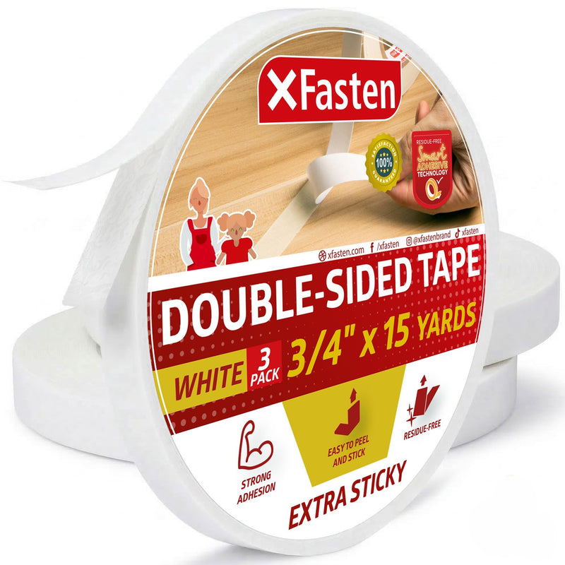XFasten Extra Strength Double-Sided Tape, White, 3/4-Inch x 15-Yard (Pack of 3) - Extra Sticky for Heavy Duty Bonding (15 Yards per Roll) 3/4-Inches x 15-Yards (3-Pack)