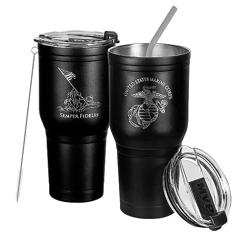 Military Gift Shop USMC 30 oz Tumbler with Handle – Stainless Steel Marine Corps Coffee Travel Mug, Double Wall Insulated with Lid & Straw 30 Ounces