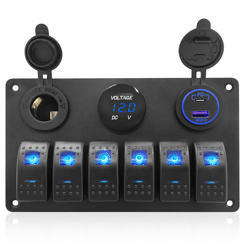 THALASSA Marine Boat Rocker Switch Aluminum Panel Waterproof with 6 Gang Blue LED Switches, 3.1A Dual USB Outlet, Red Digital Voltage Display, DC 12V Car Power Socket for Car Truck RV Vehicles Yacht 6 gang S0038