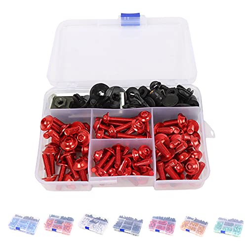 Universal Fairing Bolt Kit 195 PCS M5 M6 Motorcycle Windscreen Screws Fasteners Accessories Replacement for Yamaha Honda Kawasaki Suzuki BMW Sportbike Mounting Kits Washers Nuts Screws Clips red