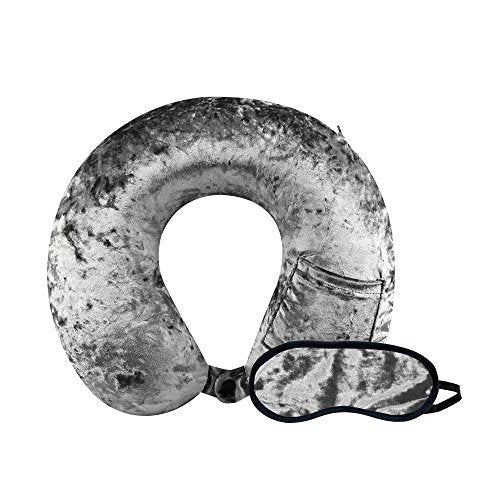 Cloudz Crushed Velvet Ultra Premium Comforlite Memory Foam Airplane Travel Neck Pillow with Matching Luxuriously Soft Black Out Sleep Mask - Grey